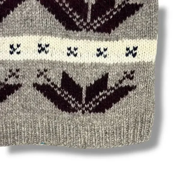 Vintage Cowichan Wool Sweater Pullover Shawl Collar Handmade Gray Burgundy Sz S